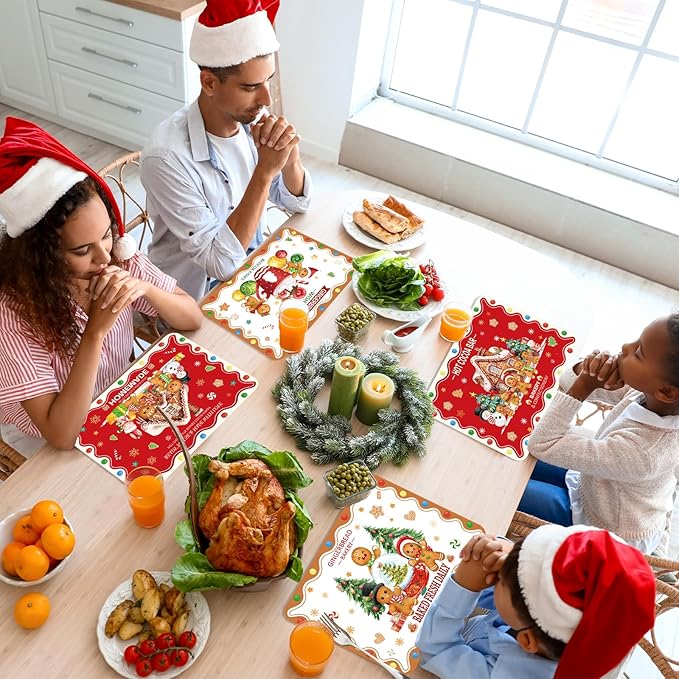 Christmas Placemats Set of 6 Christmas Retro Gingerbread Plastic Table Mats Xmas Bakery Gingerbread House Place Mats Winter Holiday Table Decoration for Indoor Outdoor Party Kitchen Dining-Ruum Studio Home
