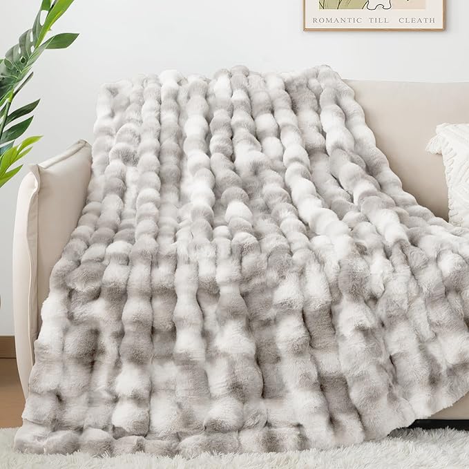 Touchat Luxury 1000GSM Rabbit Faux Fur Blanket, Super Heavy Warm Cozy Brown Blankets for Couch Bed Sofa, Ruched Plush Fuzzy Elegant Soft Reversible Mink Blanket Living Room Bedroom, 90" x 90"-Ruum Studio Home