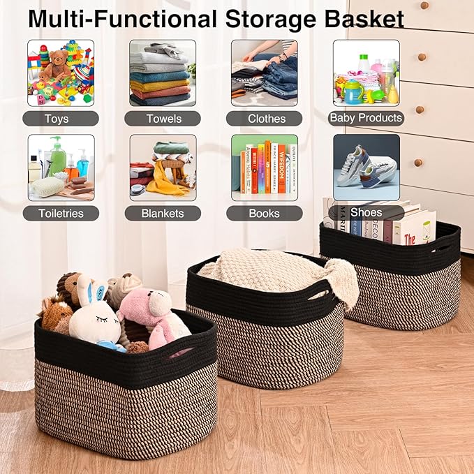 Storage Baskets for Organizing Shelves, Toy Basket for Kid's Room, Woven Cotton Rope Basket for Decor, Organizing Baskets for Bedroom Living Room, 15"x11"x9.5", 3 Packs, Black & Jute-Ruum Studio Home