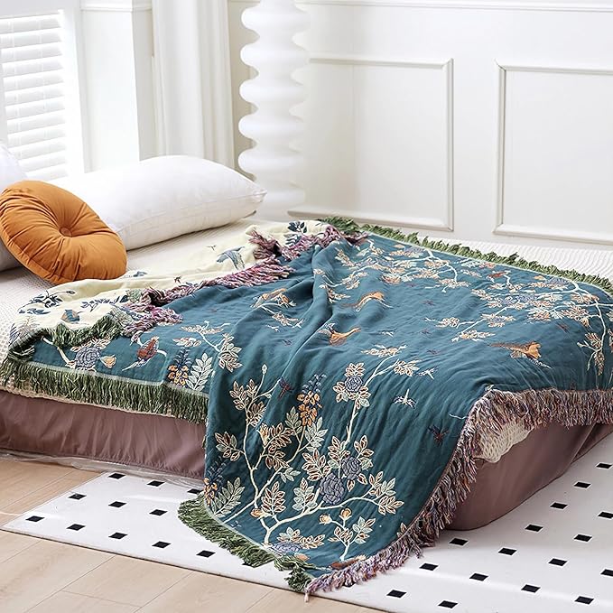 Snycler Boho Throw Blanket for Bed - 100% Cotton Ultra Soft Rustic Quilt Blanket Green Floral Bird Printed Farmhouse Decor Bed Blankets, 80"×90" All Season Rustic Throw for Sofa Chair Couch-Ruum Studio Home