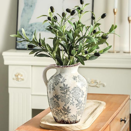 Enra Vintage vase with Handle,Blue and White Ceramic Decorative Flower vase, Chinoiserie Floral Vase,Large Rustic Vases for Home Decors, Living Room, Bookshelf, Office，9.7 inch-Ruum Studio Home