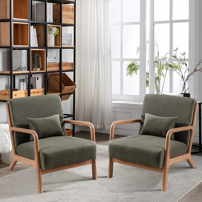 INZOY Mid-Century Modern Accent Chair Set of 2, Green Living Room Chairs with Waist Cushion, Upholstered Reading Armchair for Bedroom Sunroom-Ruum Studio Home