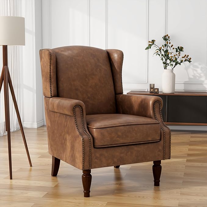 UIXE PU Leather High Back Accent Chairs Set of 2, Upholstered Armchair for Living Room, Retro Wingback Arm Chair Nailhead Trim Single Sofa Bedroom Reading Seat - Brown-Ruum Studio Home