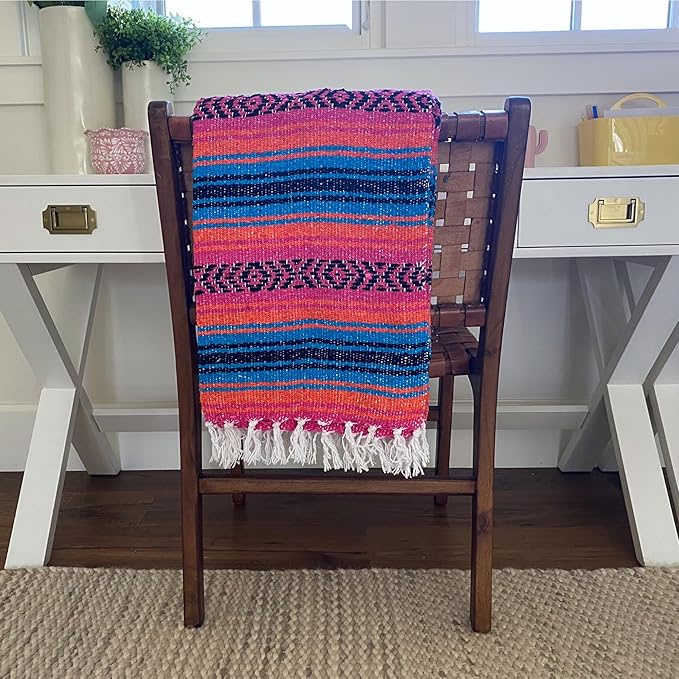 Del Mex Classic Mexican Blanket, Large Authentic Woven Falsa Throw (70"x50"), Artisan Southwest Décor for Beach, Yoga, Outdoors (Turquoise/Pink/Orange)-Ruum Studio Home