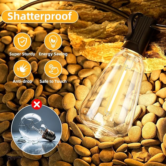 ST38 100FT LED Outdoor String Lights with 50 Shatterproof ST38 Bulbs+2 Spares, 2700K Warm White – for Backyard, Patio, Garden, Wedding, Party, Christmas, Porch, Deck, Gazebo, Bistro, Camping Decor-Ruum Studio Home