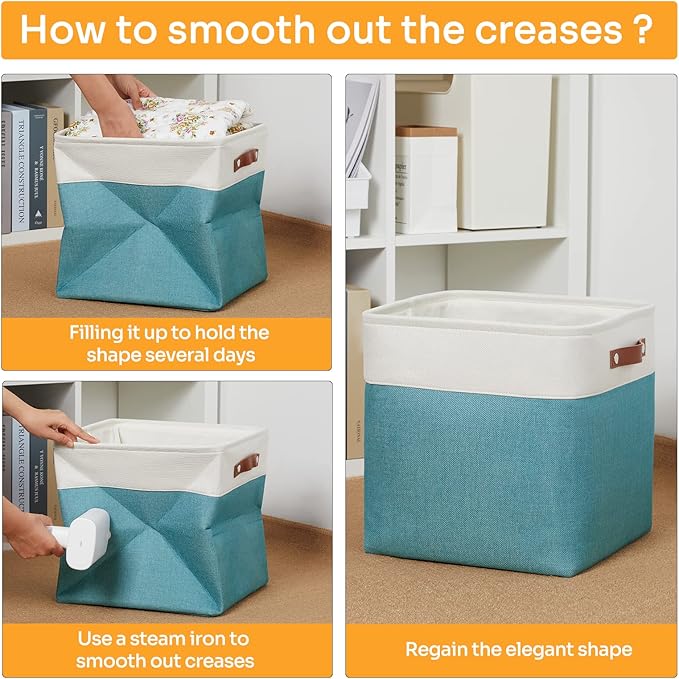 DULLEMELO Storage Bins for Organizing,Closet Storage Baskets for Gift Empty,Large Linen Canvas Storage Bins with Handles for Home Office Toys Shelves(White&Teal, 13 inch Cube)-Ruum Studio Home