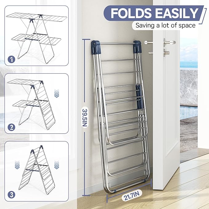 APEXCHASER Clothes Drying Rack with 4 Wings, Drying Rack Clothing with Height-Adjustable, Foldable Gullwings Laundry Drying Rack, Indoor Outdoor Use, No Assembly, Blue-Ruum Studio Home