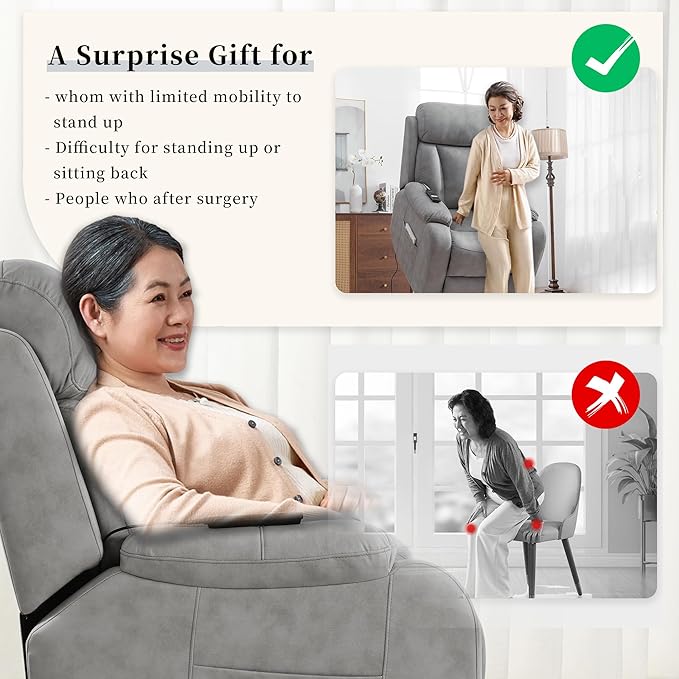 Power Lift Chair Recliners for Elderly, Leathaire Modern Adult Power Lift Chair Overstuffed Electric Lift Recliner Chair with Side Pocket for Living Room Bedroom (Light Gray)-Ruum Studio Home