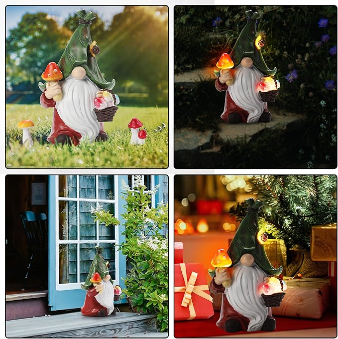 Mushroom-Picking Gnome Solar Garden Statue with 3 LED Lights, Set with 1 Gnome and 2 Small Mushroom, Lovely Garden Gnome Set for Patio, Yard, Lawn Ornament, Outdoor Decor-Ruum Studio Home