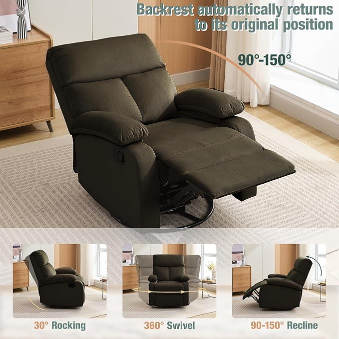Swivel Rocker Recliner for Adults, Small Recliner Chair for Small Spaces, Rocking Recliner Chair for Nursery. Living Room, RV, Bedroom, Dark Brown-Ruum Studio Home