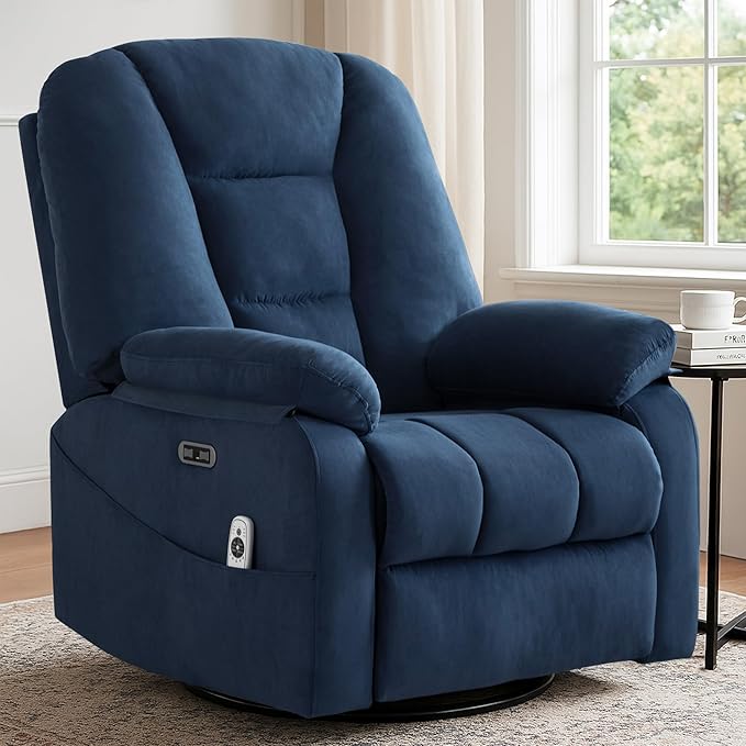 Power Swivel Rocker Recliner Chair for Adults,Rocking Recliners Chairs with Massage and Heat for Living Room, Electric Fabric Reclining Sofa Chair with USB and Type-C Port (Fabirc Blue)-Ruum Studio Home