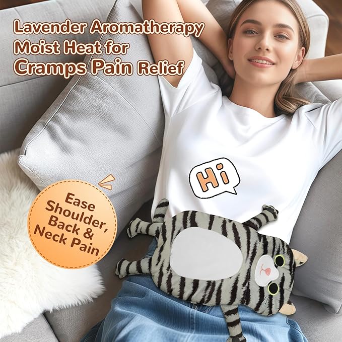 Microwave Heating Pad for Pain Relief, 17" x 9" Microwavable Heating Pads for Cramps, Back Pain, Neck Shoulder, Muscles, Knee, Joints, Natural Heat Pack Moist Heat, Gray Tabby Cat-Ruum Studio Home