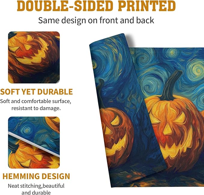 Halloween Placemats Set of 4 Pumpkin Vincent Van Gogh Starry Night Art Linen Table Mats 12x18 Inch Jack O Lantern Farmhouse Place Mats for Party Kitchen Dining Outdoor Indoor Decor-Ruum Studio Home