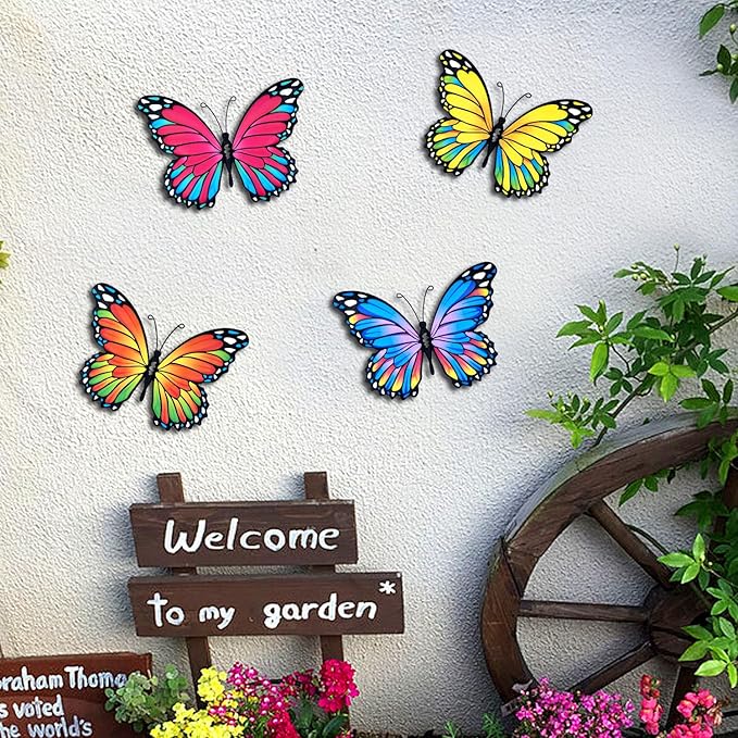 Oraytteo Metal Butterfly Wall Outdoor Decor - 4pcs 9.8inch Hanging Butterflies Wall Art Sculptures for Indoor and Outdoor Fence Patio Yard Home Wall Decorations, Gift for Mom Dad Friends-Ruum Studio Home