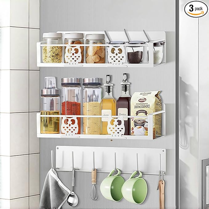Magnetic Spice Rack,Magnetic Shelf for Fridge,Spice Organizer,Fridge Organizer,Kitchen Storage Organization with Magnetic Hooks,Owl Home Decor(White)-Ruum Studio Home