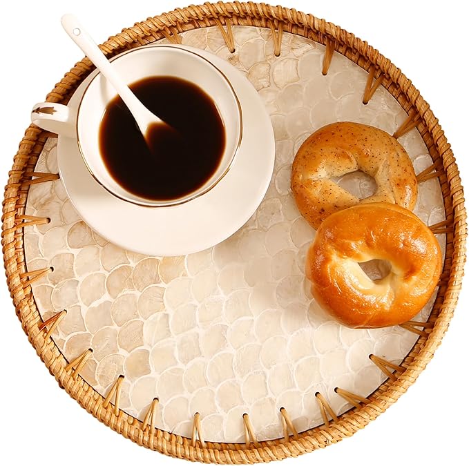 Round Rattan Tray with Mother of Pearl Inlay & Wooden Base - Decorative Wicker Serving Tray for Coffee/Bread/Fruits, Food Storage & Display - Multipurpose Home Decor (L,Fish Scales)-Ruum Studio Home