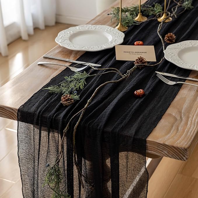 6pcs Halloween Table Runner Black Cheesecloth Gauze Rustic Premium Cotton Cheese Cloth Table Runner 120 Inch 10 FT for Wedding Bridal Baby Shower Long Sheer Boho Christmas Decorations-Ruum Studio Home