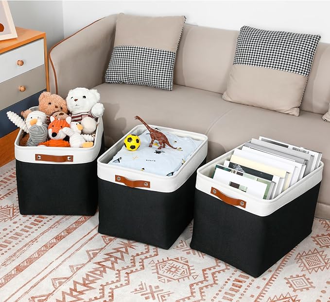 DULLEMELO Large Storage Baskets Fabric Storage Bins, Canvas Storage Basket for Shelf Toys, Decorative Large Storage Bins with Handle for Baby Gift(White&Black)-Ruum Studio Home