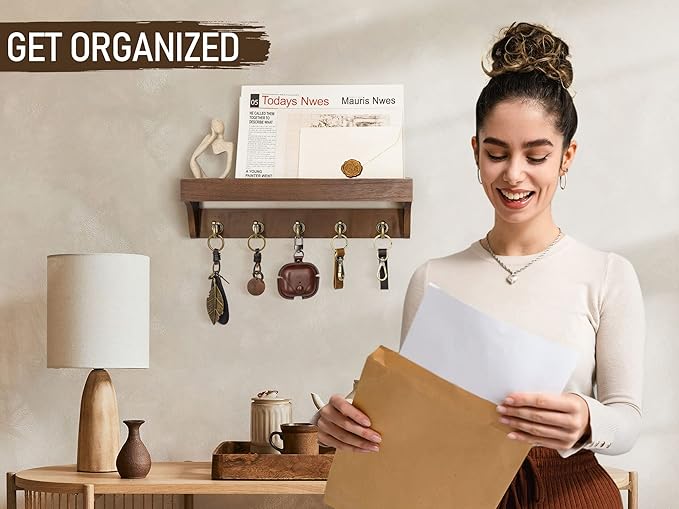 Rebee Vision Farmhouse Key Holder for Wall - Decorative Wooden Mail Organizer with 5 Rustic Key Hooks and Floating Shelf for Home Decor, Hallway, Entryway, Appartment (Retro Brown)-Ruum Studio Home