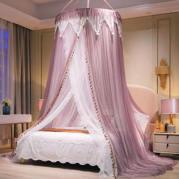 AIKASY Girls and Adults Canopy Bed, Elegant Double-Layer Bed Curtain, Children's Dream Round Lace Mosquito Net, Princess Canopy Net - Fits Twin, Full, Queen, and King Beds (White/Red Bean)-Ruum Studio Home