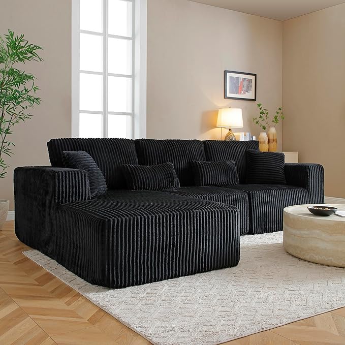 HYJT-H&K Modular Sectional Sofa Cloud Sectional Couch, 107" Comfy Fluffy L Shaped Dark Black Couches for Living Room, Deep Seat Memory Foam Plush Corduroy Boneless Couch Sectionals Left Facing Chaise-Ruum Studio Home