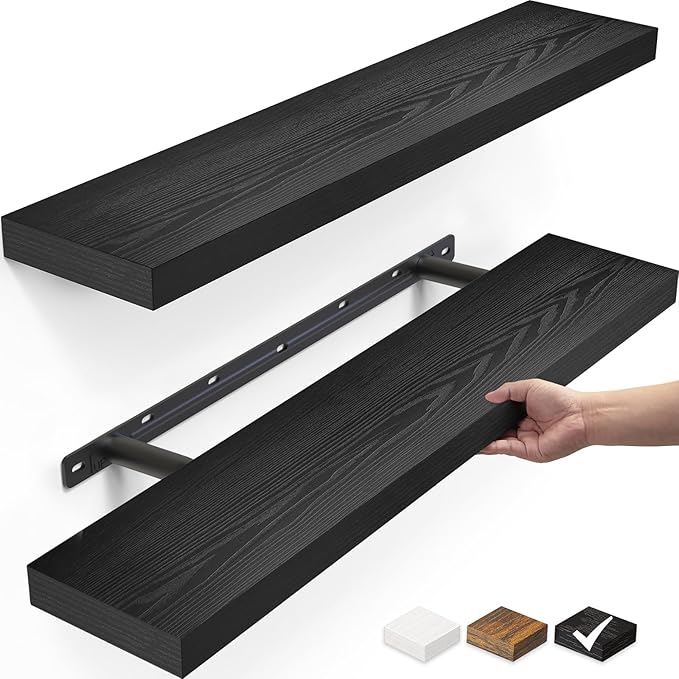 BAYKA Floating Shelves for Wall, 22.5" Wall Mounted Rustic Wood Shelves for Bathroom, Bedroom, Living Room, Kitchen, Office, Hanging Shelf for Books/Storage/Room Decor Capacity (Black, Set of 2)-Ruum Studio Home