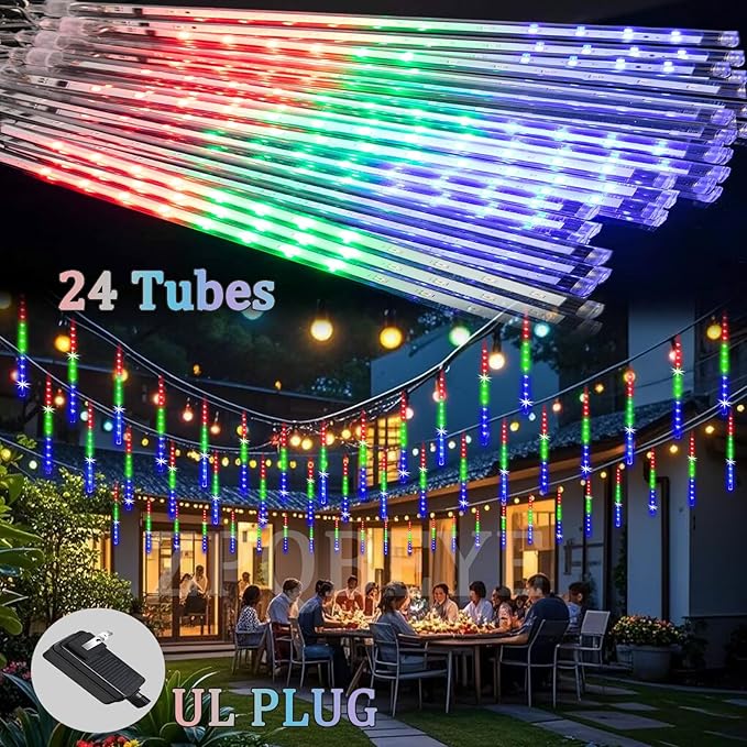 Meteor Shower Lights Outdoor Christmas Lights 24-Tube 576LEDs Snow Falling Rain Cascading Icicle Light for Christmas Tree Decorations Wedding Party Holiday Garden Decor, UL Plug Multi Color-Ruum Studio Home