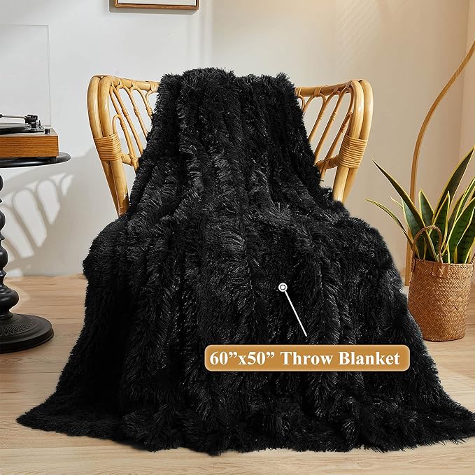 XeGe Luxury Faux Fur Throw Blanket, Black Soft 50x60 Fluffy Blanket Throw, Shaggy Plush Decorative Couch Blanket, Cute Furry Bed Throw Fuzzy Lap Blanket for Kids Women Men Teen Girls Black-Ruum Studio Home