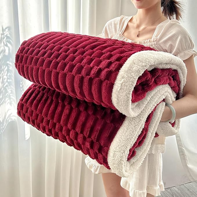 UKELER Sherpa Bed Blanket 80 × 90 inch, Ultra Soft Queen Size Throw Blanket for All Season, 470 GSM Cozy Plush Striped Fleece Blankets for Bedroom Living Room Dorm Hostel Sofa Camping, Red-Ruum Studio Home