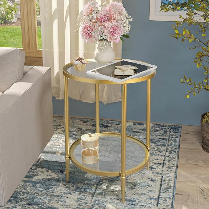 2 Tier Round Side Table, Gold End Table with Glass Top, Modern Metal Clear Coffee Tables, Small Accent Tables for Living Room, Bedroom, 18" x 18"-Ruum Studio Home