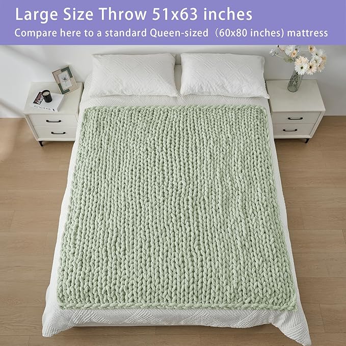 Bigacogo Chunky Knit Throw Blanket for Couch, 51x63 inches, 100% Hand Knitted with Thick Jumbo Chenille Yarn, Cozy Soft Large Rope Knot Cable Crochet Blankets for Sofa Bed Living Room, Sage Green-Ruum Studio Home