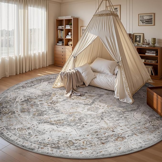 AMOAMI-6FT Round Rug-Rugs for Living Room-Vintage Soft Grey Rugs for Bedroom-Non Slip Circle Rug-Machine Washable Rug for Dining Room Living Room Bedroom Office Under Table-Ruum Studio Home