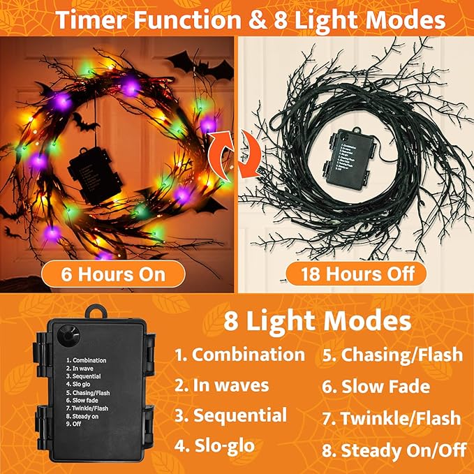 [ Timer & 8 Modes ] 6 Ft 54LED Halloween Willow Vine Twig Decor Branches Garland Decorations Orange ＆ Purple ＆ Green Lights -Battery Operated Garland for Indoor Wall Fireplace Halloween Decorations-Ruum Studio Home