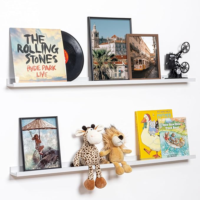 Fun Memories Picture Ledge Shelf, 48 Inch Floating Shelves Set of 2, Large Nursery Book Shelves for Toys Storage, Kids Bookshelf Wall Mounted for Wall Decor Books Photo Frames, White-Ruum Studio Home