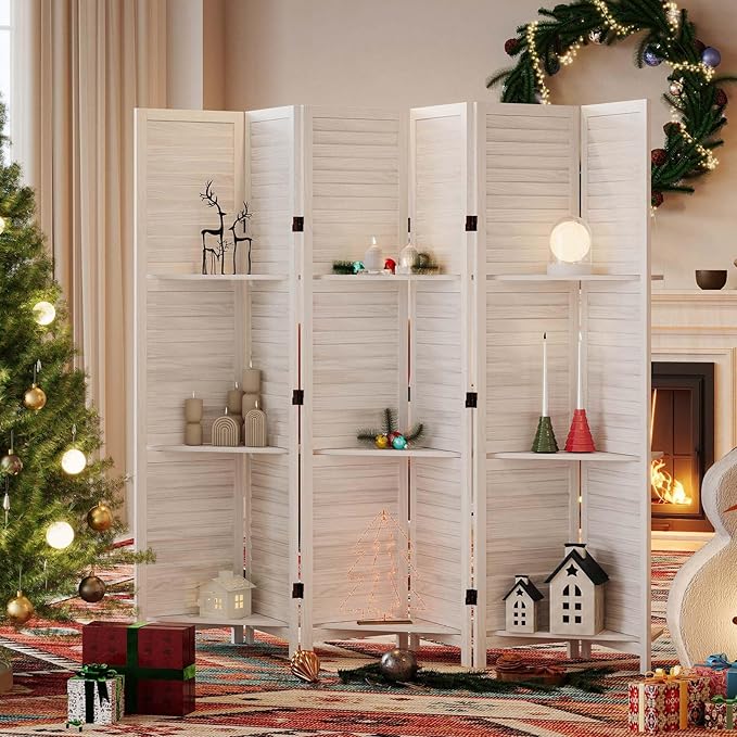 Partition Room Dividers, Folding Wood Privacy Screen with Three Display Shelves Suitable for Home Office, Study, Art Display - 6 Panel, 67 * 77inch (White)-Ruum Studio Home