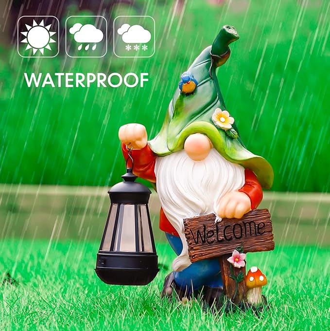 Garden Gnome Statue, Resin Figurine with Bright Solar Lantern Lights and Welcome Sign, Outdoor Solar-Powered Illumination Yard Art Decorations for Indoor Outdoor Patio Lawn Garden Room-Ruum Studio Home