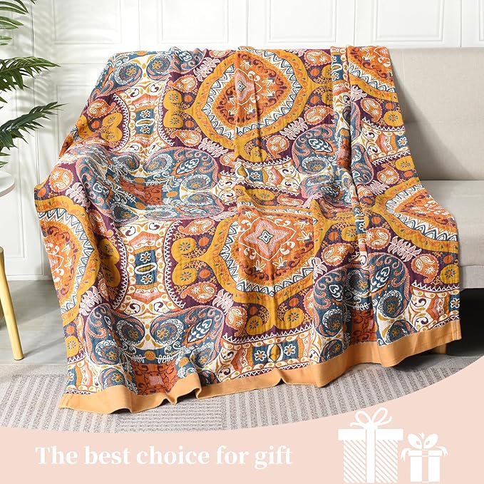 Boho Throw Blanket for Bed - 100% Pure Cotton Ultra Soft Rustic Quilt - Farmhouse Decor Bed Blankets, All Season Rustic Throw for Sofa Couch Chair(60"×80", Boho Flover)-Ruum Studio Home