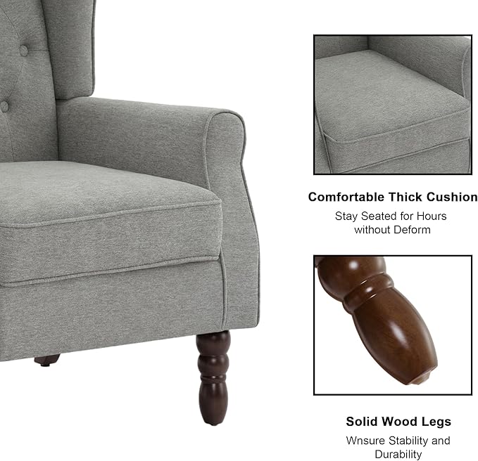 Accent Chair, Upholstered Armchair with Button Tufted High Back & Solid Wood Legs, Comfy Wingback Reading Single Sofa Chair for Small Spaces, Living Room, Bedroom (Light Grey, Set of 2)-Ruum Studio Home
