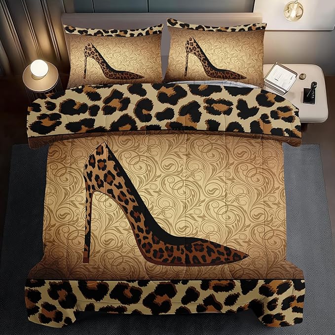 Leopard Comforter Set Full Girls,Sexy High Heel Comforter for Women,Leopard Print Bedding Set Full Adult,High Heel Quilt Bedroom Decor,African Animal Print Bedding Quilt-Ruum Studio Home