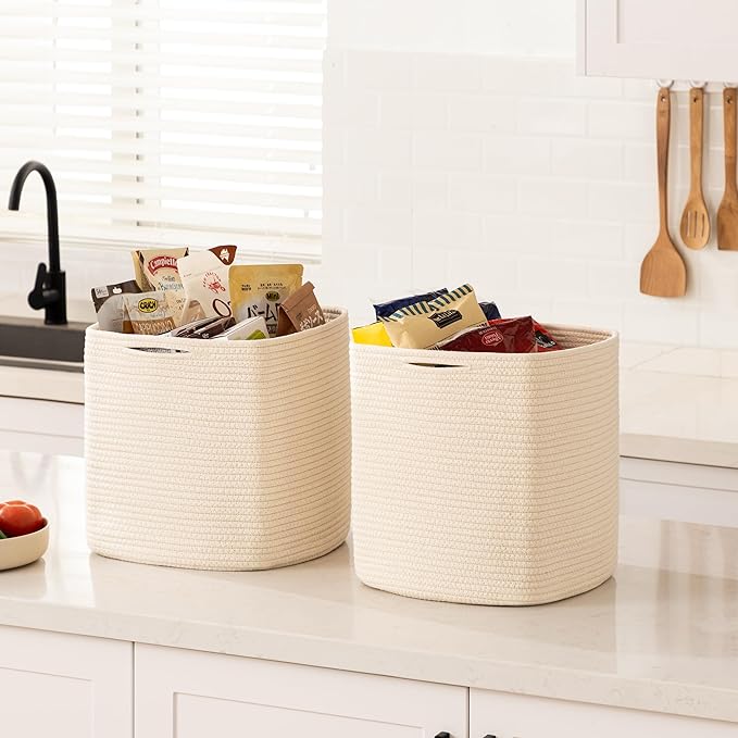 joybest Cube Storage Bins Set of 4, 11inch Cube Baskets Organizer for Nursery, Square Cotton Rope Baskets for Shelves Organizing, Kids Toy, Closet Storage, Beige-Ruum Studio Home