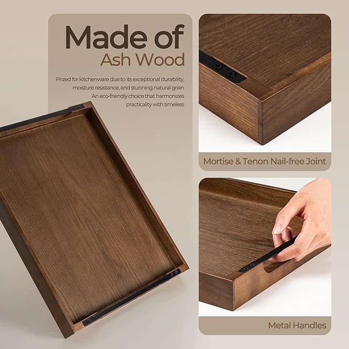 Axeman Wooden Serving Tray with Metal Handles|Ottoman Tray for Breakfast, Bed, Couch|17x13in Ash Wood Coffee Table Trays|Food Drinks Decorative Storage Boards for Ottoman Kitchen, Walnut-Ruum Studio Home