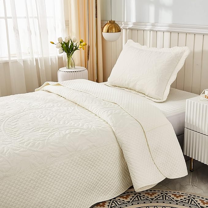 MarCielo 3-Piece 100% Cotton Oversized Bedspread Lightweight Quilt Coverlet Embroidery Farmhouse Bedding Set T0 (Bright White, Twin (68"x86"))-Ruum Studio Home