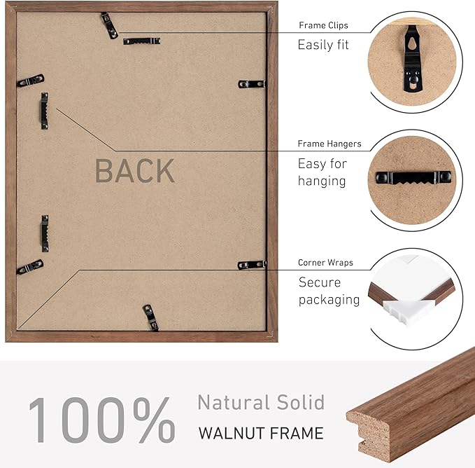 11x14 Picture Frame Set of 4 Natural Solid Walnut Photo Frames with 8x10 Removable Mat Wall Hanging Large Handcrafted Frame with HD Plexiglass Wall and Tabletop Display Large Poster Frame-Ruum Studio Home