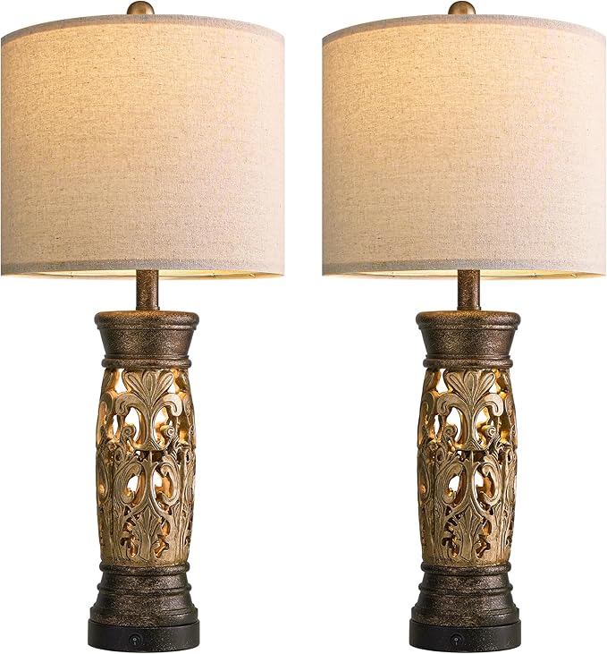BOBOMOMO 27.25” Antique Gold Table Lamps Set of 2 – Farmhouse Bedside Lamps with Night Light & USB A+C Ports, Vintage Lamps for Bedroom, Living Room, Entryway, Nursery, Reading Nook(Bulbs Included-Ruum Studio Home