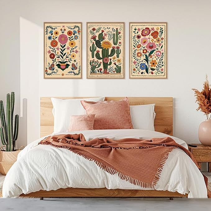HLNIUC Vintage Flower Framed Canvas Wall Art,Colorful Desert Cactus Flower Wall Decor Set of 3(16”x24”)Boho Botanical Floral Butterfly Wall Painting,Large Desert Plant Art Print for Living Room,Office-Ruum Studio Home