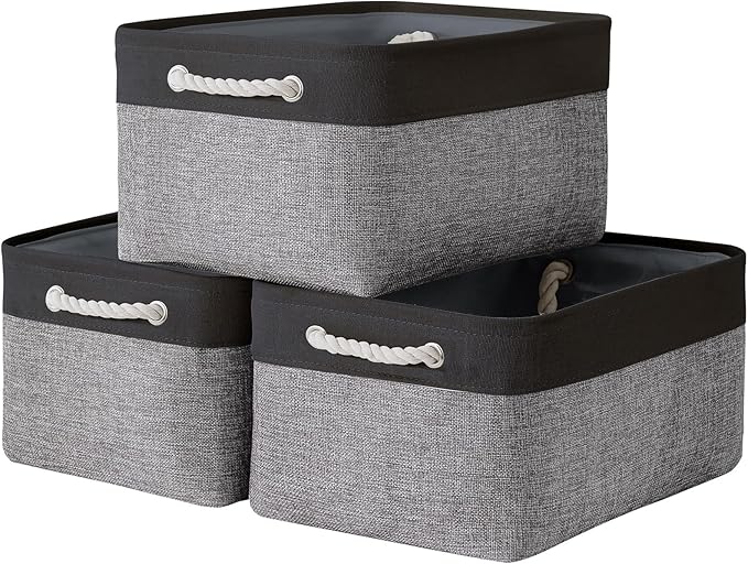 TcaFmac Storage Bins for Organization - Large 3 Pack Fabric Storage Basket for Shelves with Handles, Organizer Baskets for Organizing for Closet Cloth Dog Toy Baby (Black& Grey 16x12x8 inch)-Ruum Studio Home