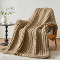 Chunky Knit Throw Blanket, 30''*40'' Knitted Throw Chenille Yarn for Bed Couch, Handmade Light Brown Crochet Big Thick Blanket, Machine Washable Cute Comfy Blanket for Home Decor-Ruum Studio Home