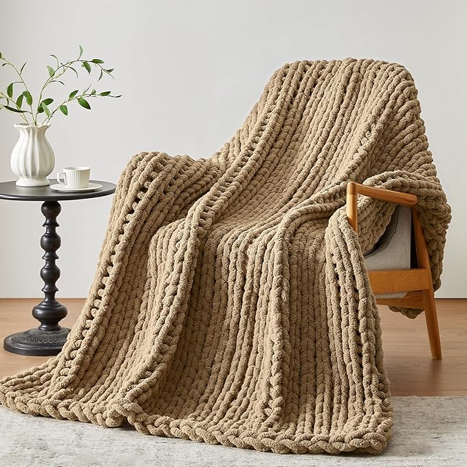Chunky Knit Throw Blanket, 30''*40'' Knitted Throw Chenille Yarn for Bed Couch, Handmade Light Brown Crochet Big Thick Blanket, Machine Washable Cute Comfy Blanket for Home Decor-Ruum Studio Home