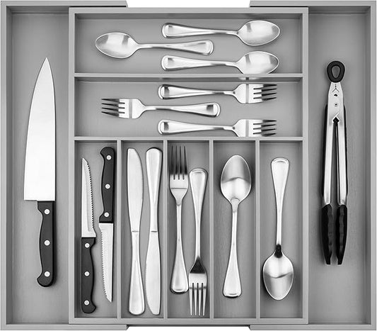 Purawood Bamboo Drawer Organizer - Expandable Silverware Organizer & Utensil Organizer, Cutlery Tray with Dividers, 7-9 Slots - Premium Kitchen Drawer Organizer for Utensils & Flatware (Grey)-Ruum Studio Home