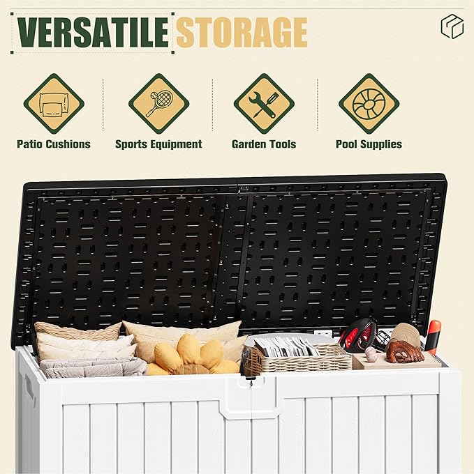 JUMMICO 250 Gallon Outdoor Resin Deck Box with Divider, Waterproof Storage Box with Lockable Lid&Side Handles for Garden Tools, Pools Supplies (White with Black Cover)-Ruum Studio Home